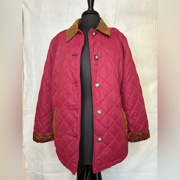 Orvis Quilted Jacket Burgundy Paisley Lining Corduroy Collar Women’s Large - Picture 1 of 5